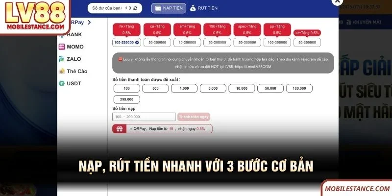 Nạp, rút tiền LV88 nhanh với 3 bước cơ bản